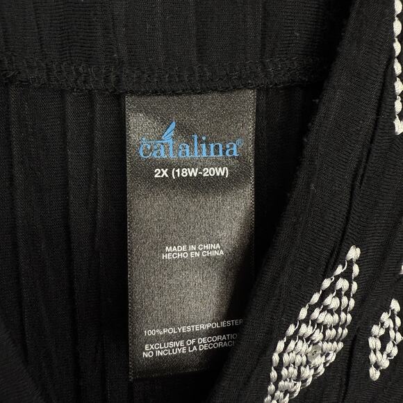 Catalina Women size 2X Swim Cover Tunic Black Aztex Embroidered Long Sleeve V Ne - Picture 6 of 8